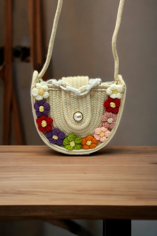 Crochet Floral Semi Circular Sling - Creamish