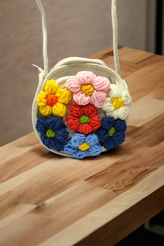 Crochet Floral Sling ( Handle+Zip) White
