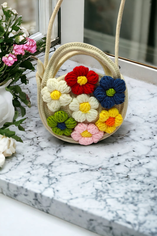 Crochet Floral Sling ( Handle+Zip) Creamish